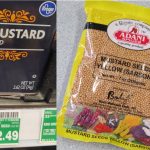 A can of Kroger brand mustard seed and a bag of mustard seed purchased in a South Asian store