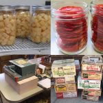 Home canned turnips, dehydrated tomatoes in jars, impulse sealer set up for dry packing, jars put out for giving away