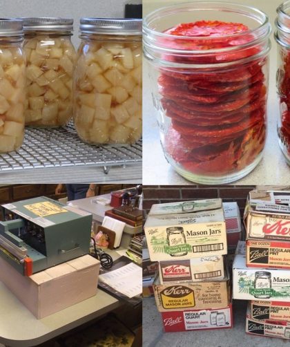 Home canned turnips, dehydrated tomatoes in jars, impulse sealer set up for dry packing, jars put out for giving away