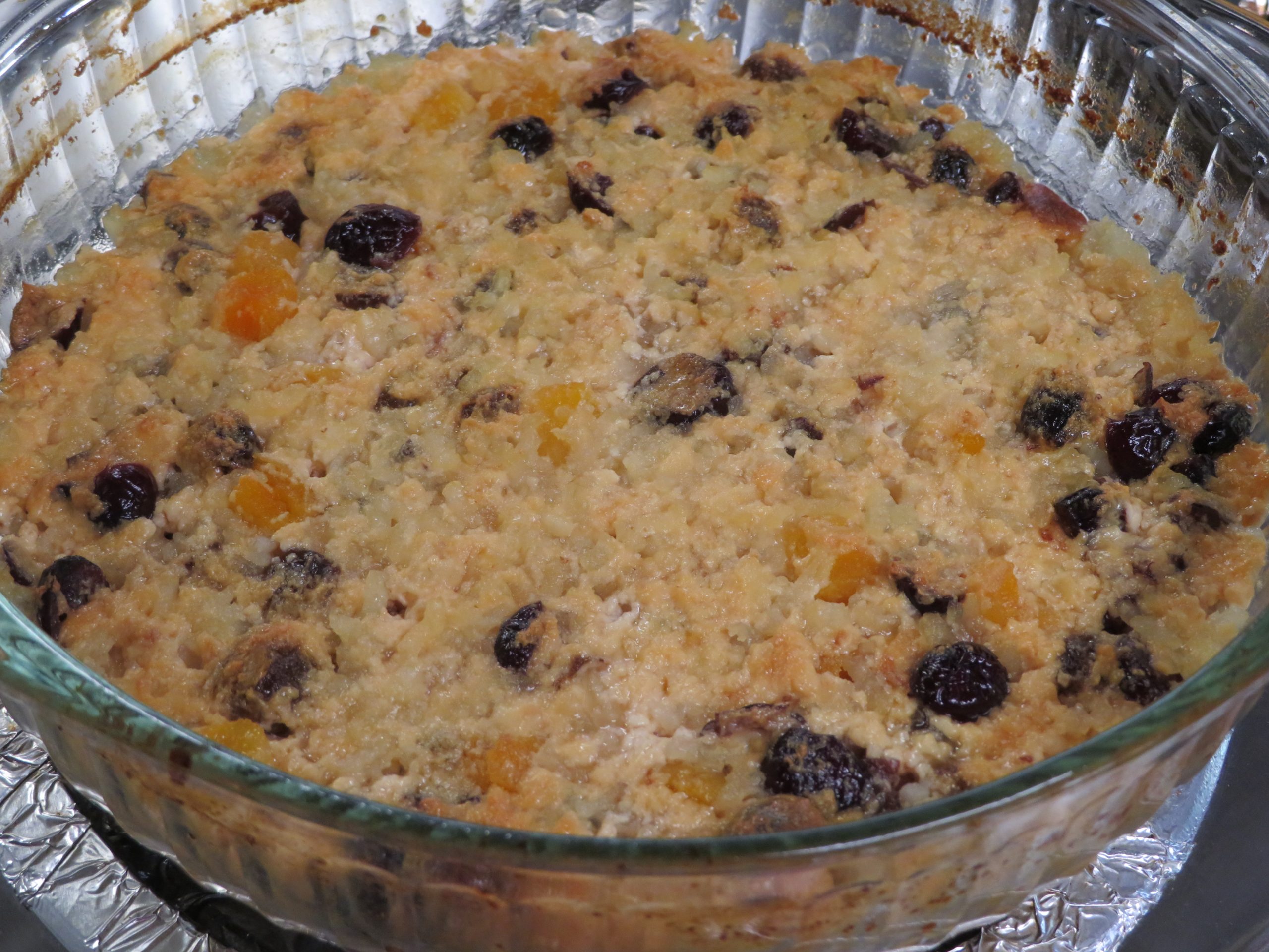 Baked Rice Pudding with golden raisins, dried cranberries, and choped dried apricots
