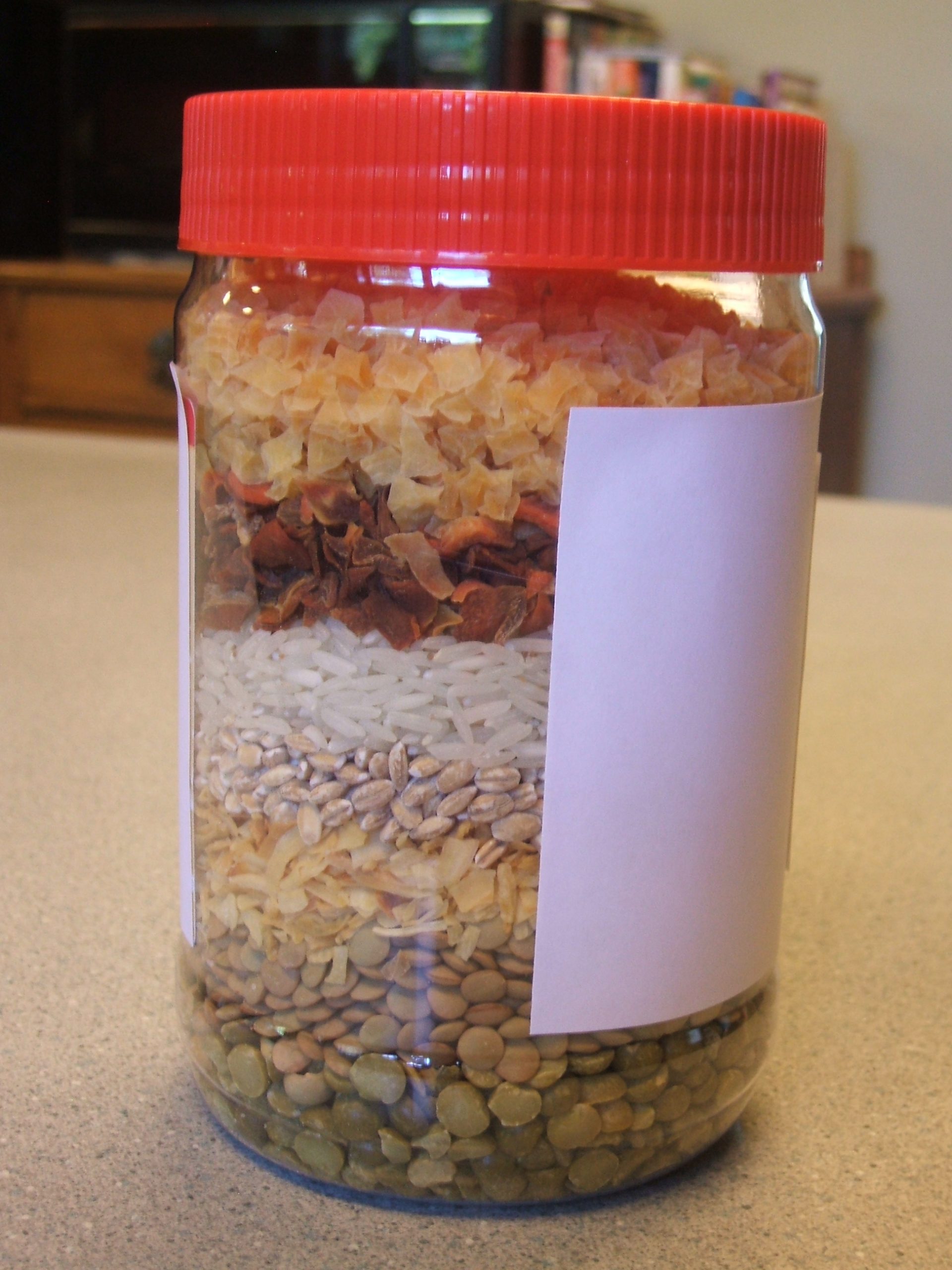 Jar of soup mix in layers.