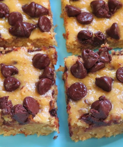 Chocolate Chip Cake Brownies on a turquoise plate