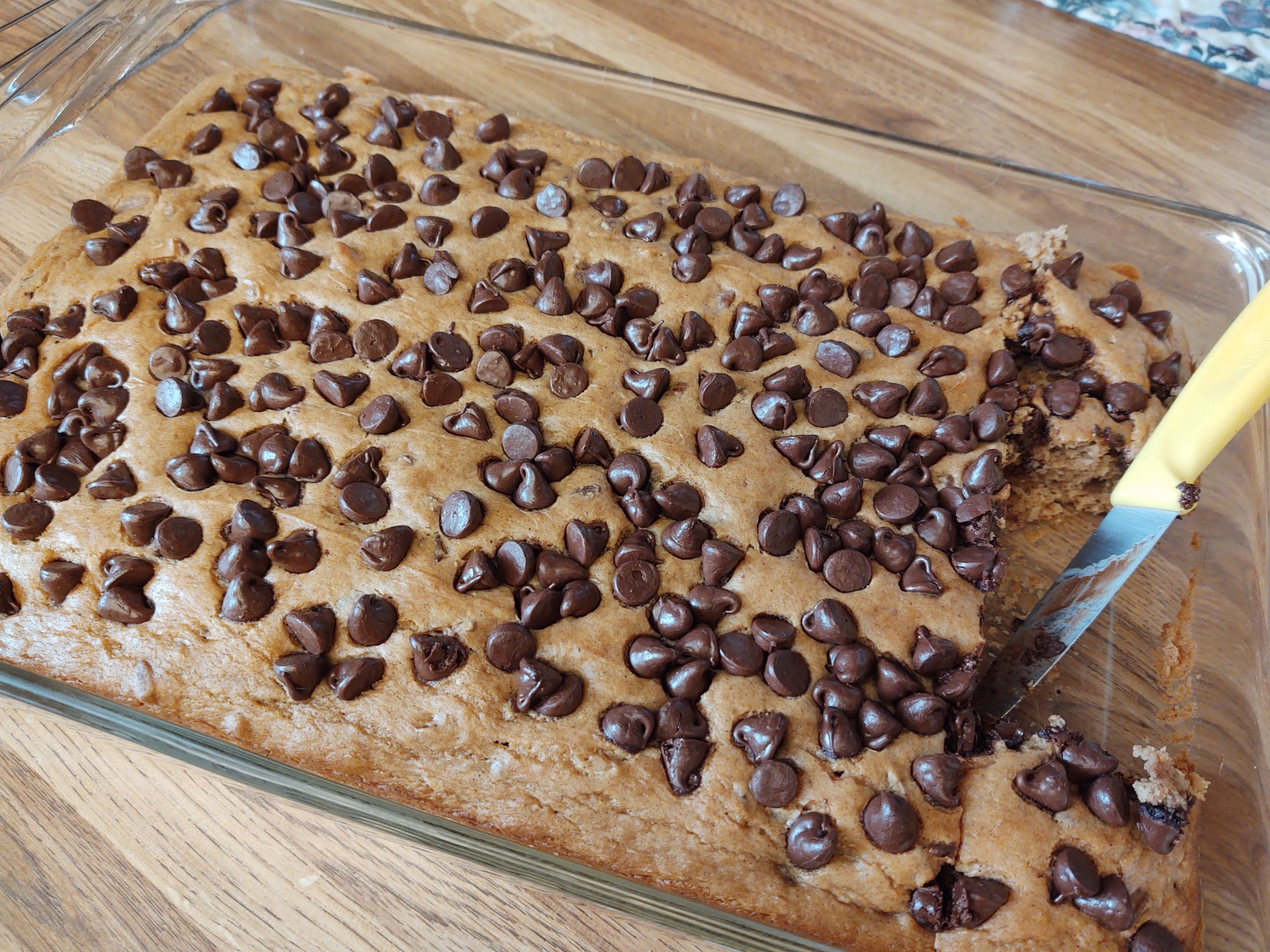 Chocolate Chip Spice Cake Brownies in a baking pan
