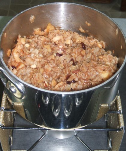 A saucepan of Oatmeal Kids Love on a Sterno stove