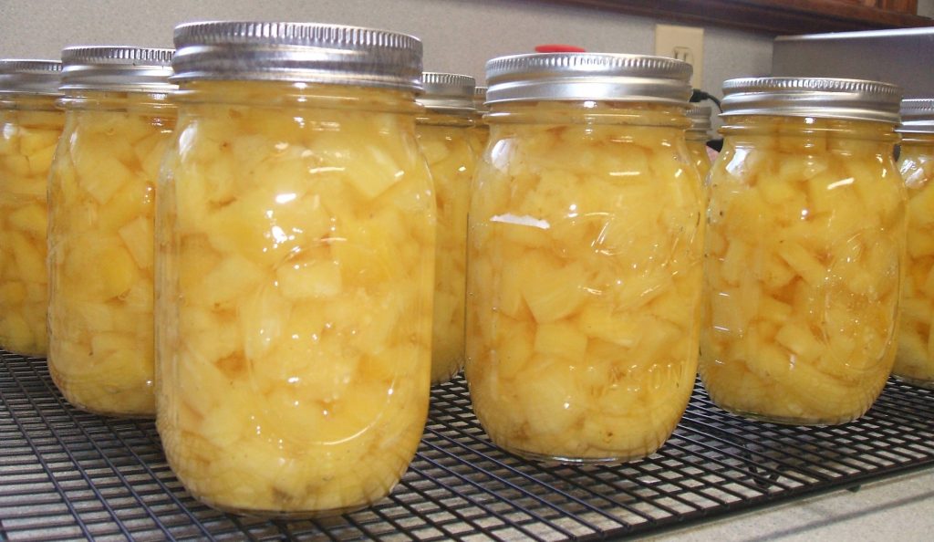 Pint jars of pineapple tidbits canned in pineapple juice