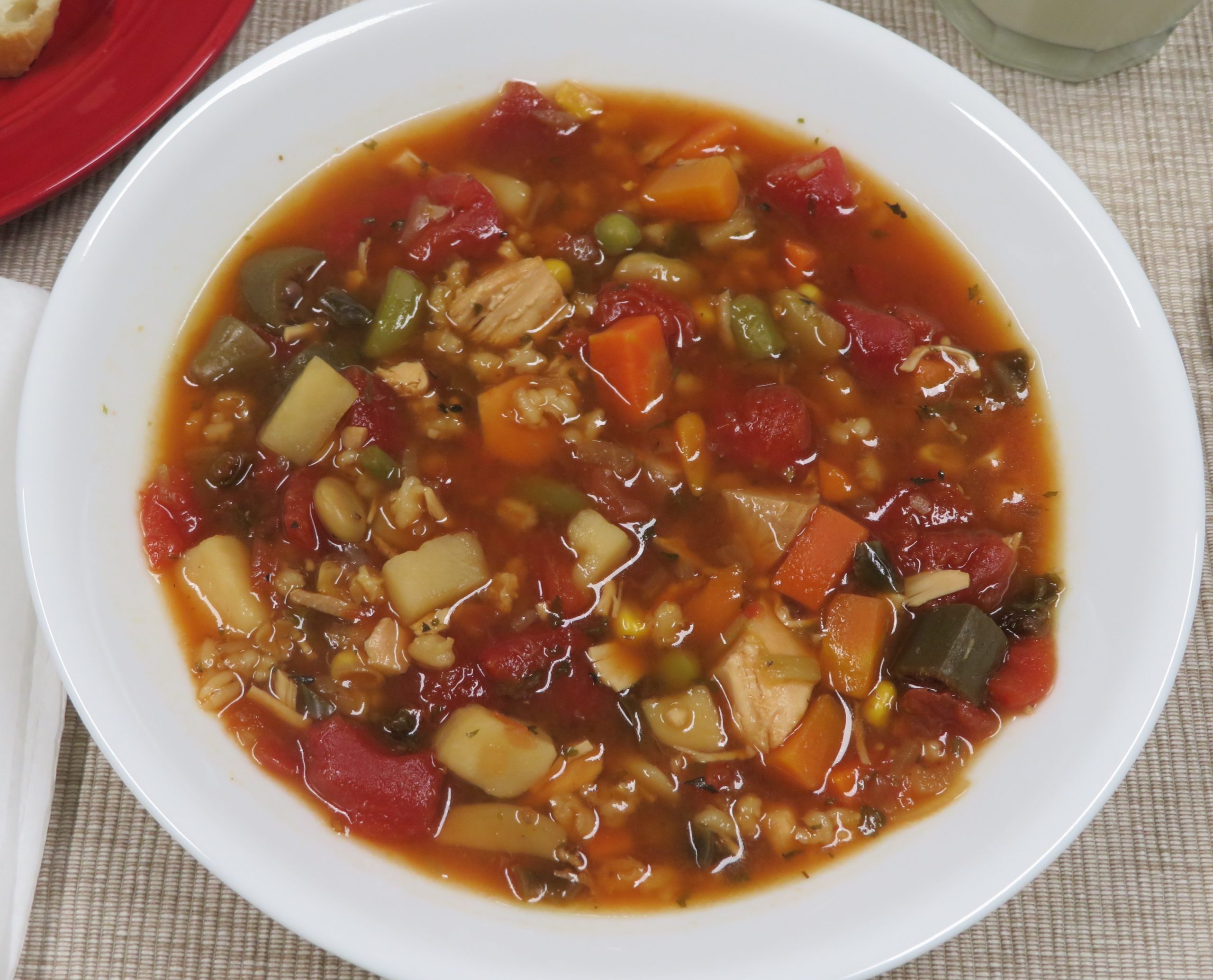 A bowl of Turkey Vegetable Soup adapted to the pantry