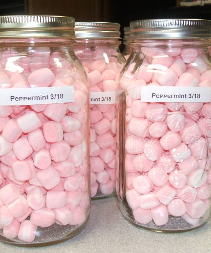 Dehydrated peppermint marshmallows in quart jars
