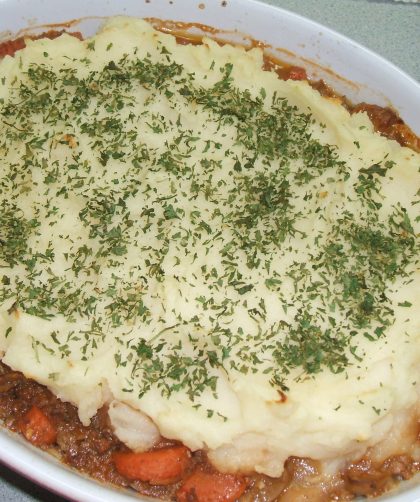 Cottage Pie baked in an oval casserole dish