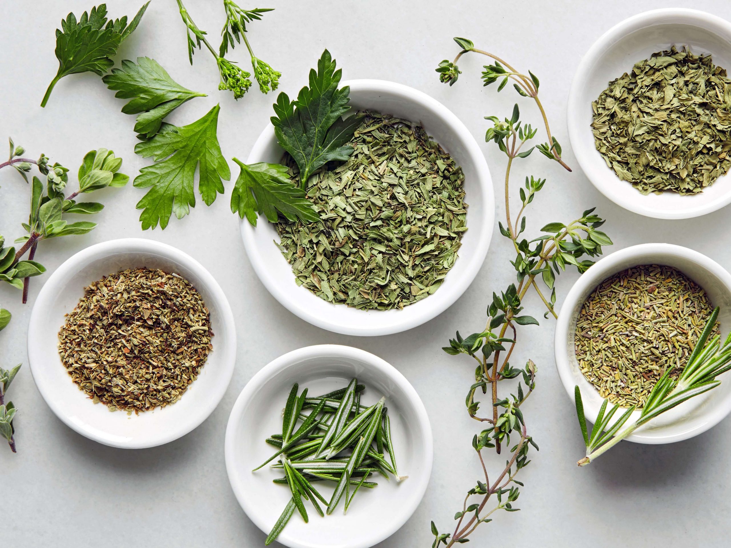 A selection of dried and fresh herbs